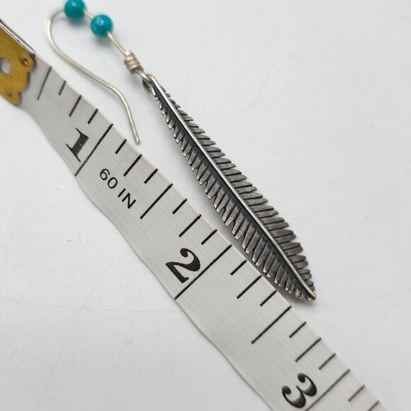 Sterling Silver Feather Earrings With Turquoise Beads Fish Hook Design - Picture 5 of 5